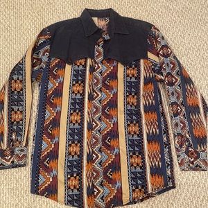 Vintage western shirt button down Aztec print navy accent XL Steer West